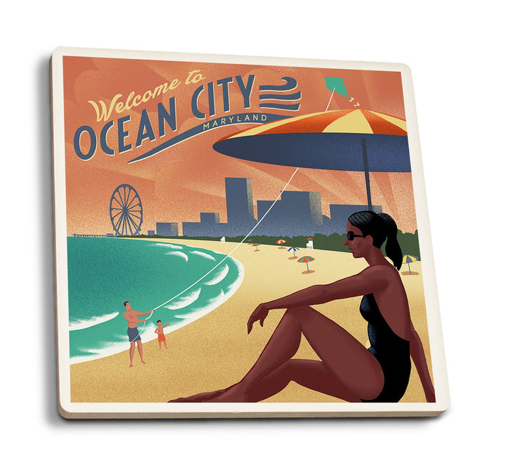 Ocean City, Maryland, Lithograph, Lantern Press Artwork, Coaster Set Coasters Lantern Press 