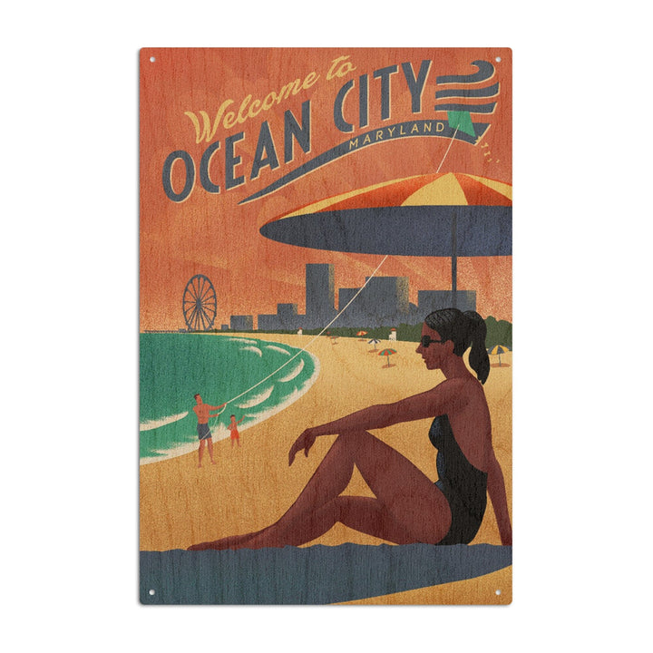 Ocean City, Maryland, Lithograph, Lantern Press Artwork, Wood Signs and Postcards Wood Lantern Press 10 x 15 Wood Sign 