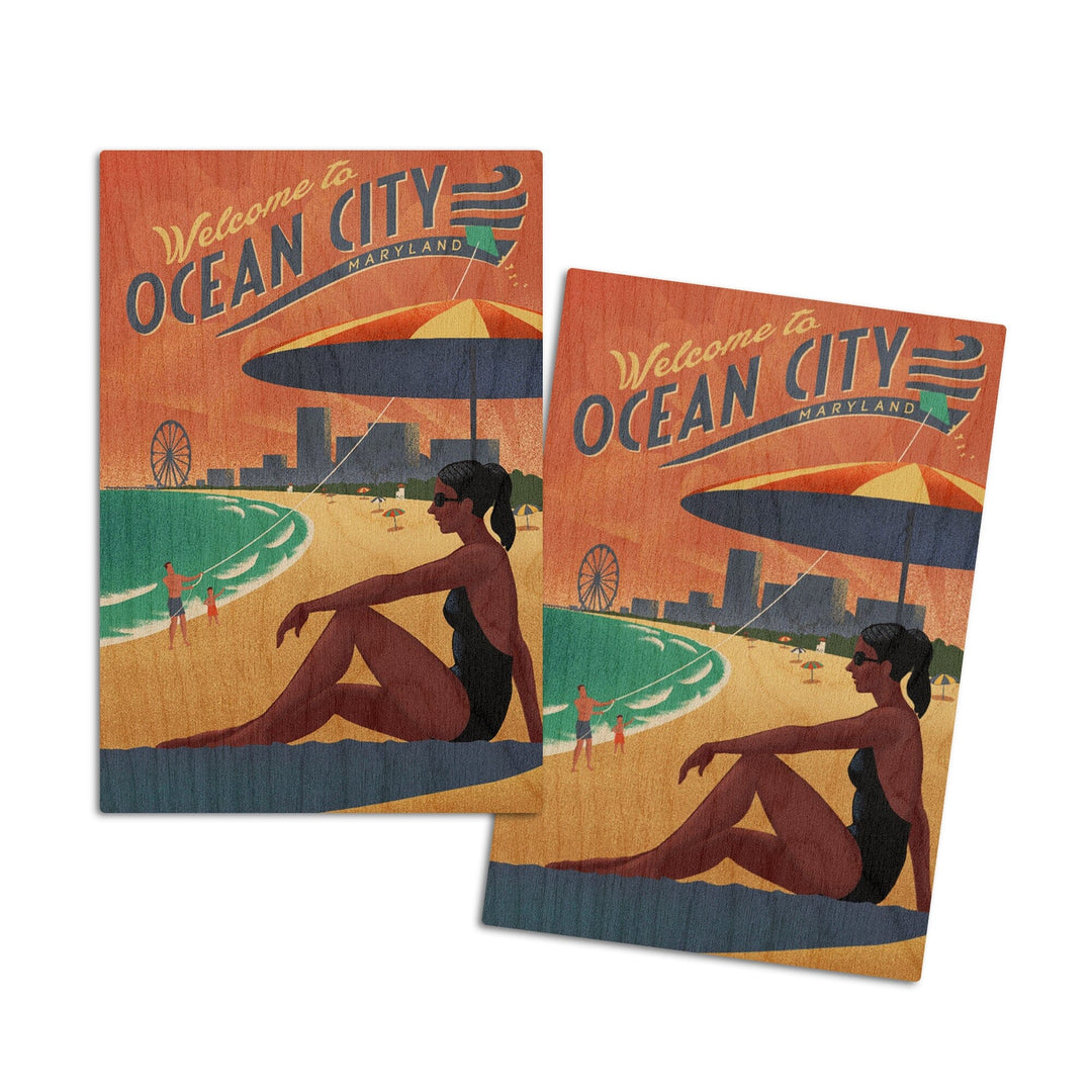 Ocean City, Maryland, Lithograph, Lantern Press Artwork, Wood Signs and Postcards Wood Lantern Press 4x6 Wood Postcard Set 