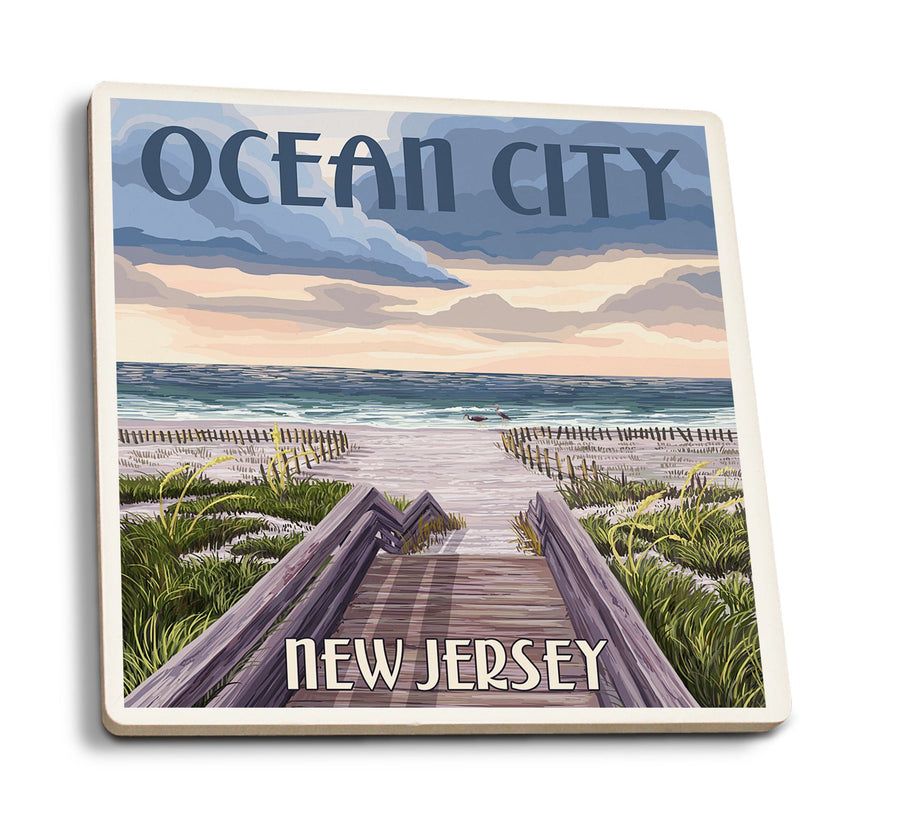 Ocean City, New Jersey, Beach Boardwalk Scene, Lantern Press Artwork, Coaster Set Coasters Lantern Press 