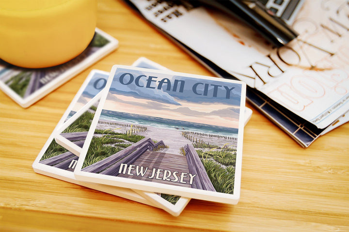 Ocean City, New Jersey, Beach Boardwalk Scene, Lantern Press Artwork, Coaster Set Coasters Lantern Press 