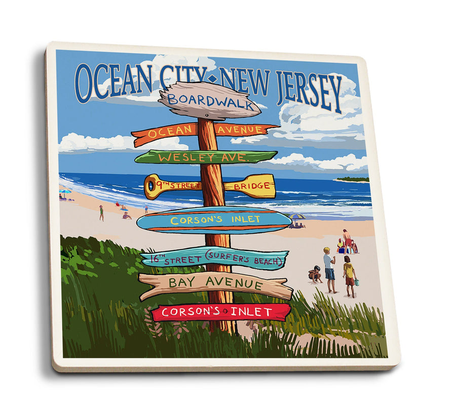 Ocean City, New Jersey, Destination Signpost (#2), Lantern Press Artwork, Coaster Set Coasters Lantern Press 