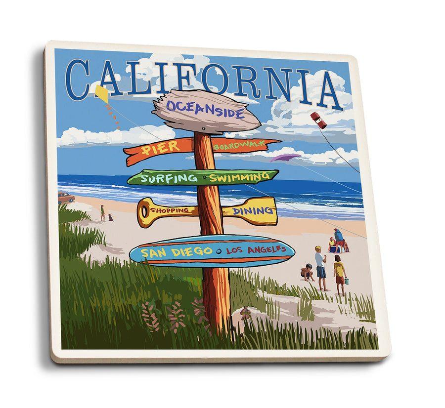 Oceanside, California, Destinations Sign, Lantern Press Artwork, Coaster Set Coasters Lantern Press 