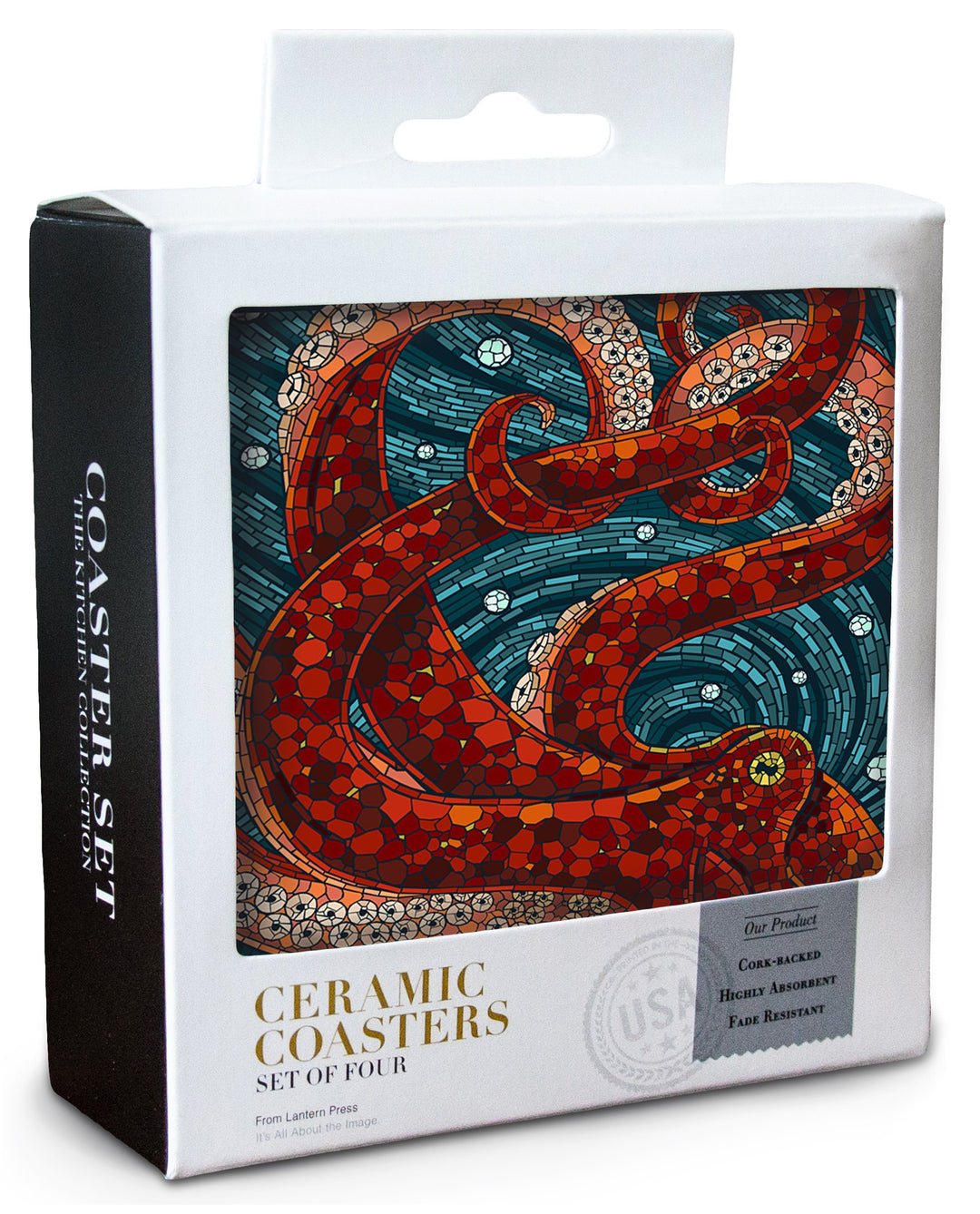 Octopus, Paper Mosaic, Lantern Press Artwork, Coaster Set Coasters Lantern Press 