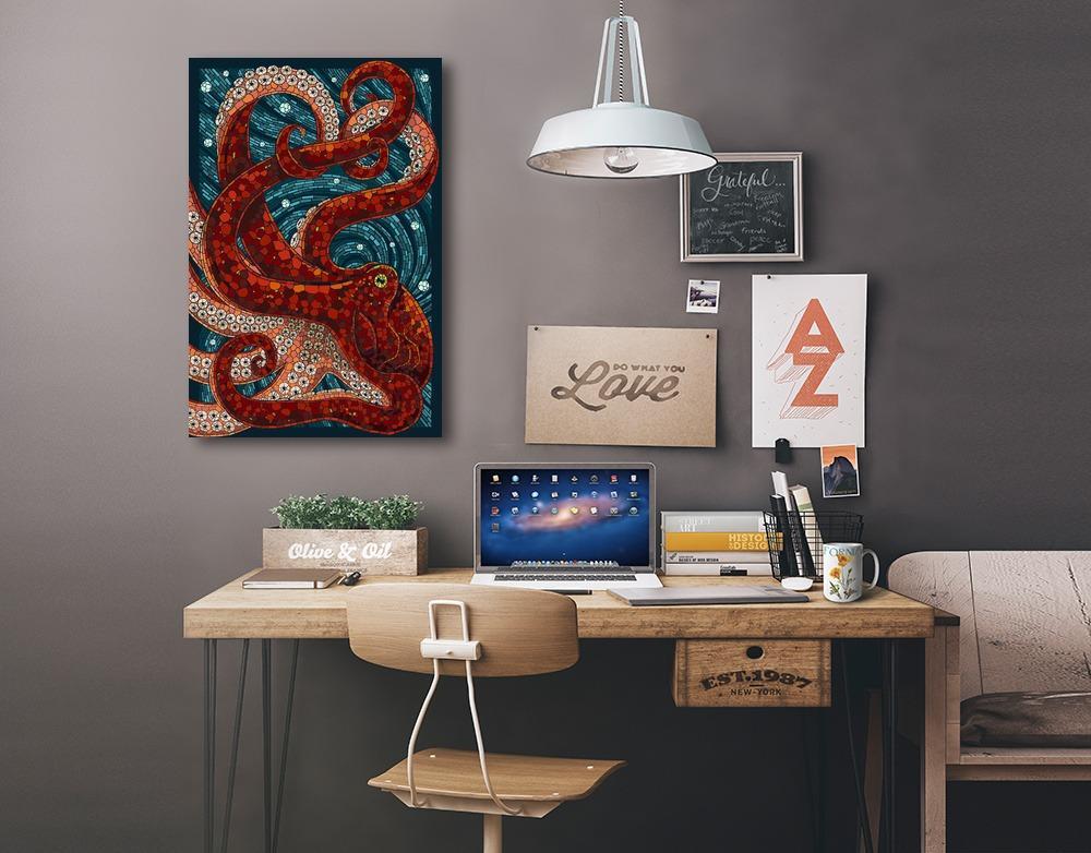 Octopus, Paper Mosaic, Lantern Press Artwork, Stretched Canvas Canvas Lantern Press 