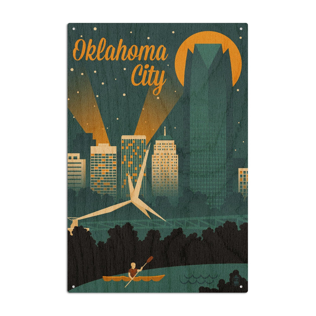 Oklahoma City, Oklahoma, Retro Skyline, Lantern Press Artwork, Wood Signs and Postcards Wood Lantern Press 10 x 15 Wood Sign 