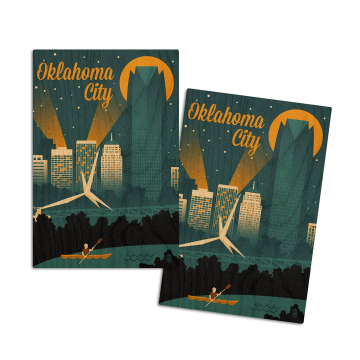 Oklahoma City, Oklahoma, Retro Skyline, Lantern Press Artwork, Wood Signs and Postcards Wood Lantern Press 4x6 Wood Postcard Set 