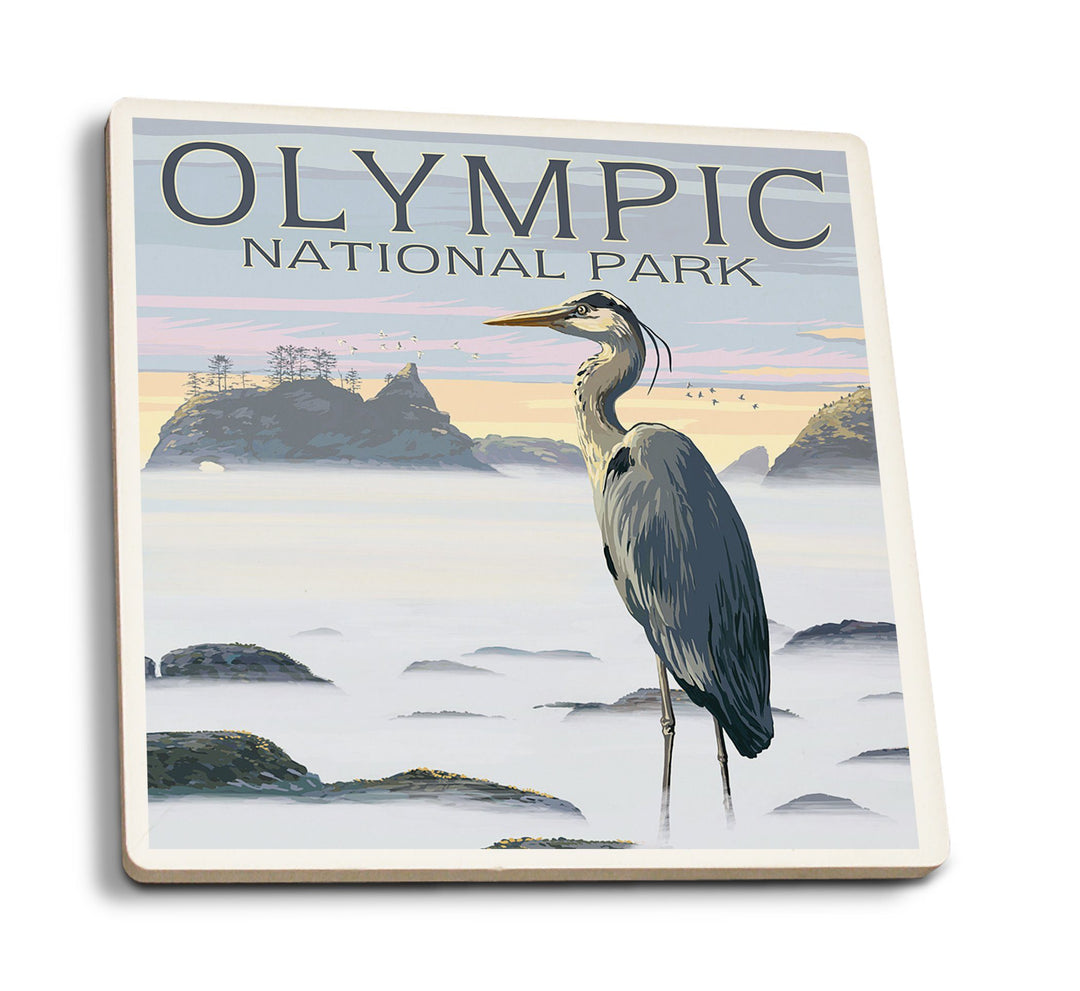 Olympic National Park, Heron and Fog Shoreline, Lantern Press Artwork, Coaster Set Coasters Lantern Press 