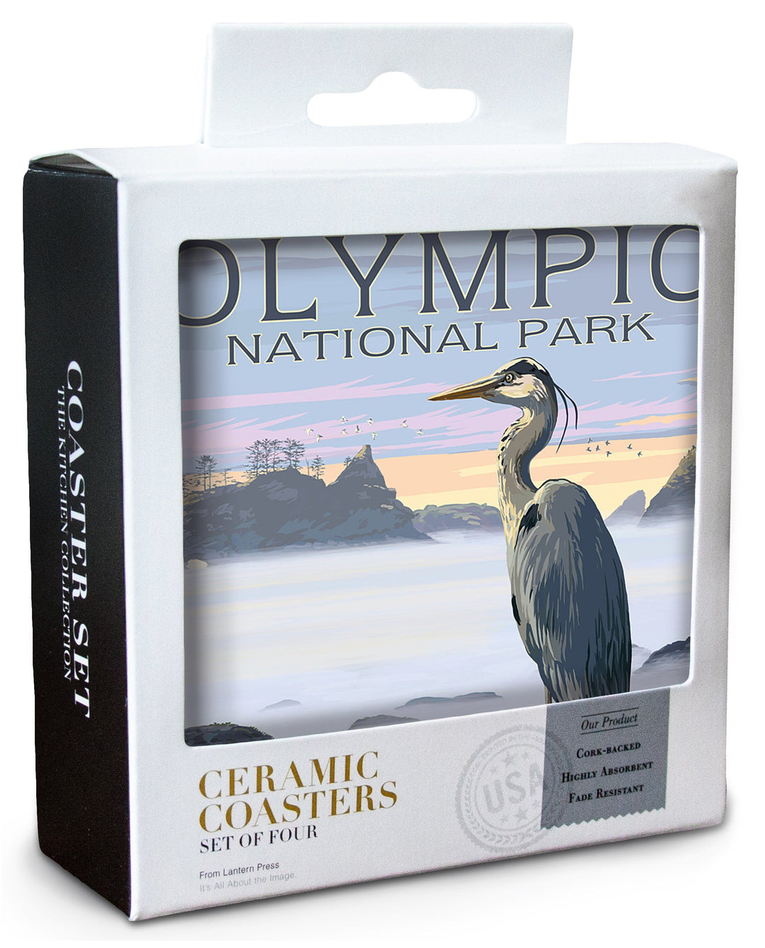 Olympic National Park, Heron and Fog Shoreline, Lantern Press Artwork, Coaster Set Coasters Lantern Press 