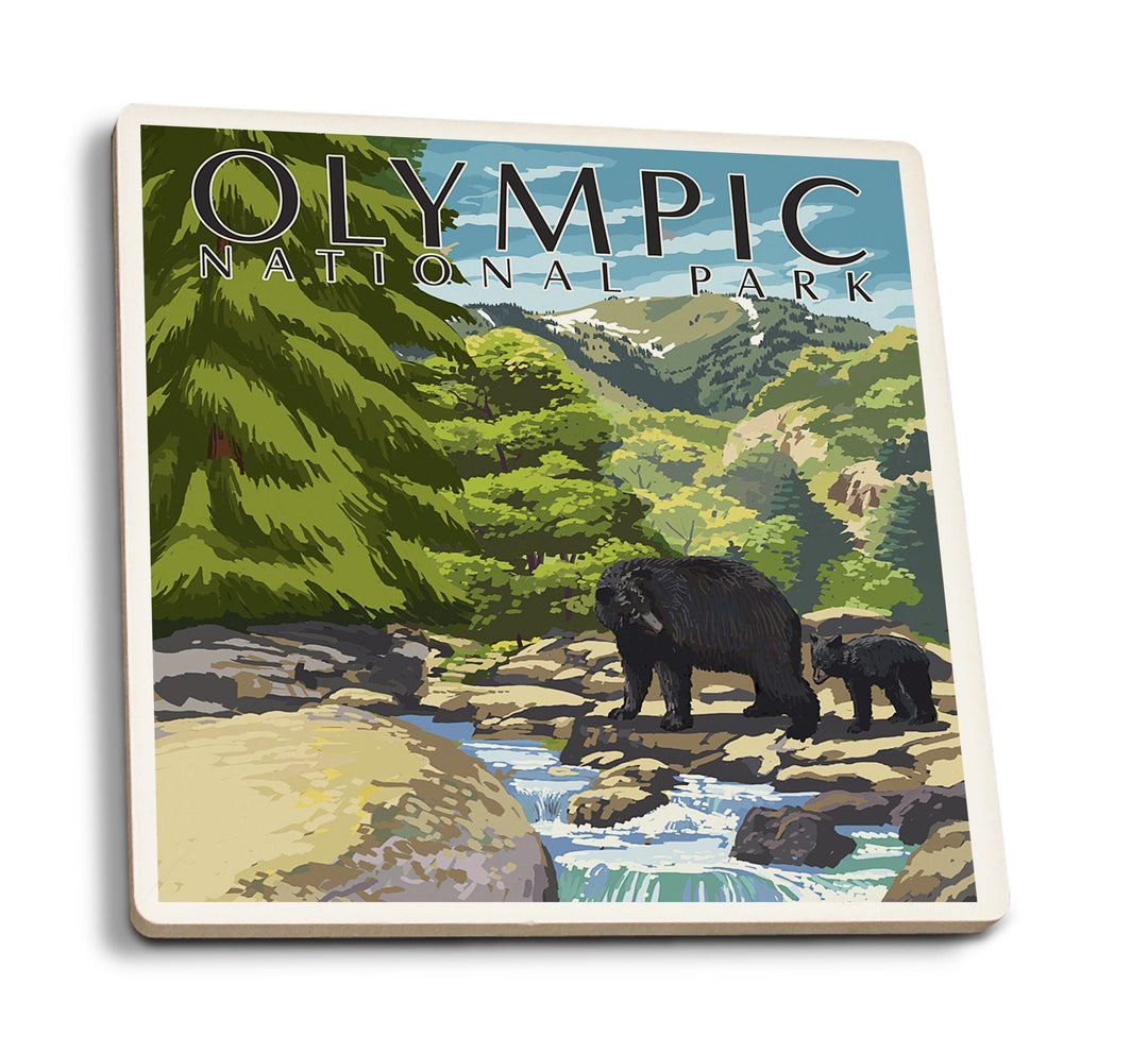 Olympic National Park, Washington, Bear Family & Creek, Lantern Press Artwork, Coaster Set Coasters Lantern Press 