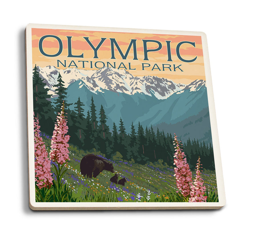 Olympic National Park, Washington, Bears & Spring Flowers, Lantern Press Artwork, Coaster Set Coasters Lantern Press 