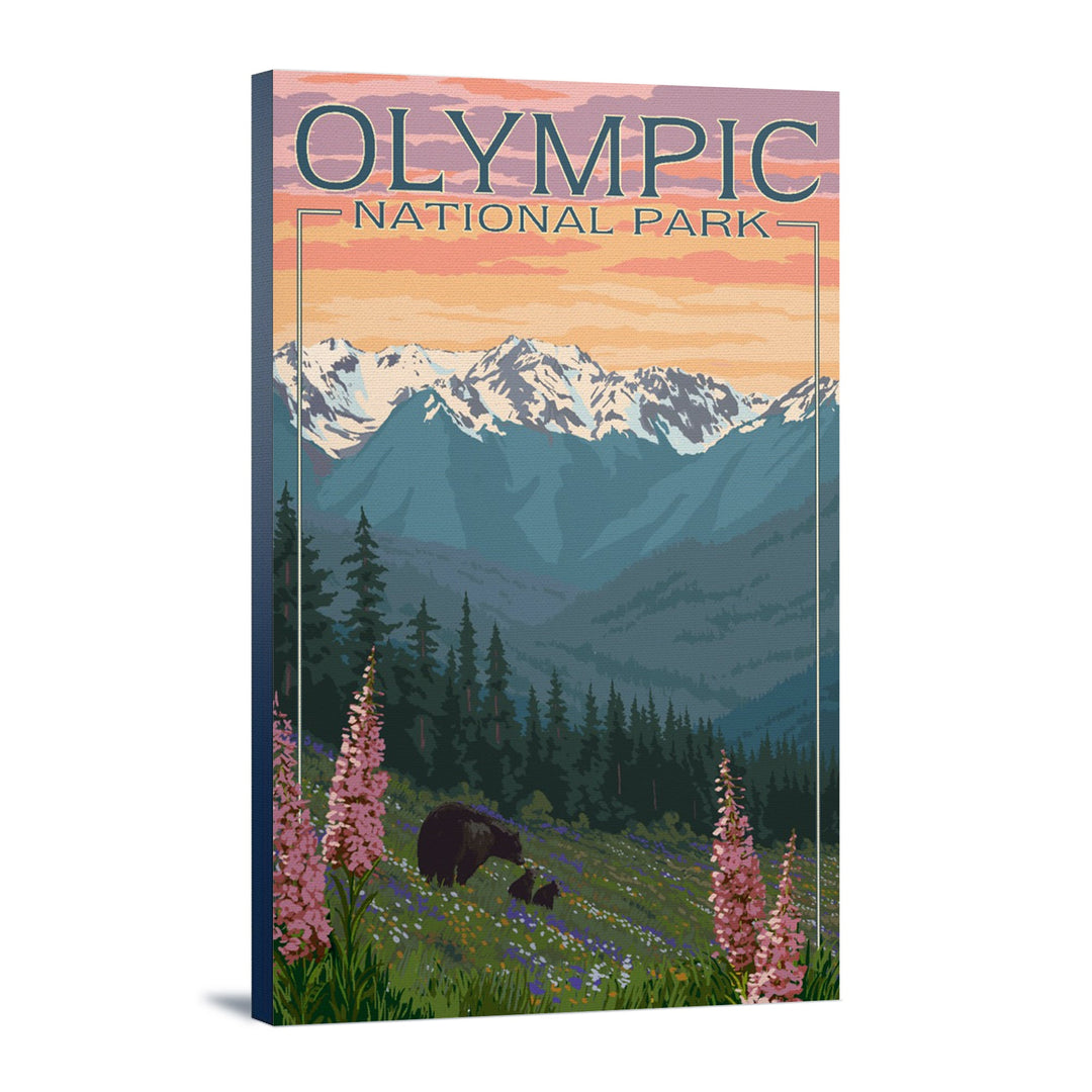 Olympic National Park, Washington, Bears & Spring Flowers, Lantern Press Artwork, Stretched Canvas Canvas Lantern Press 12x18 Stretched Canvas 