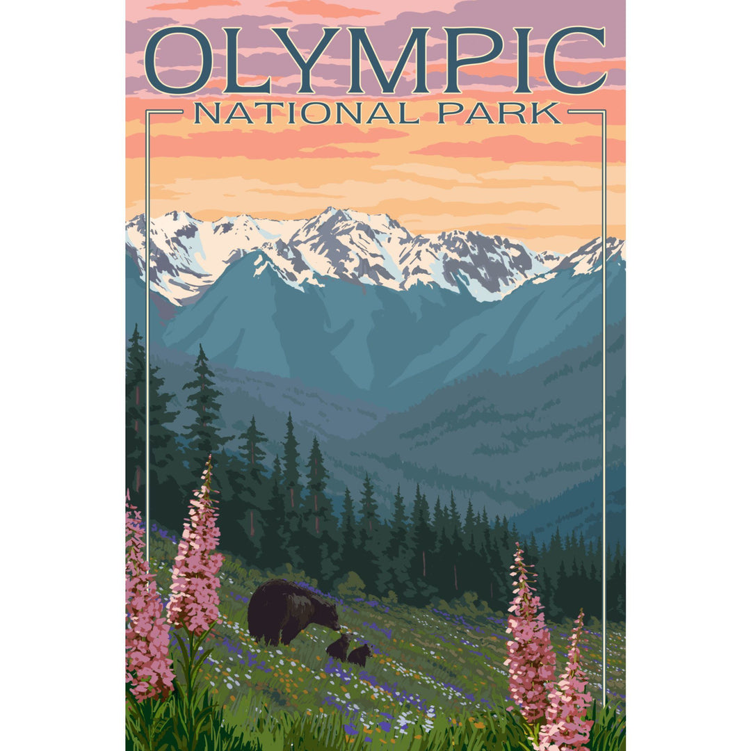 Olympic National Park, Washington, Bears & Spring Flowers, Lantern Press Artwork, Stretched Canvas Canvas Lantern Press 