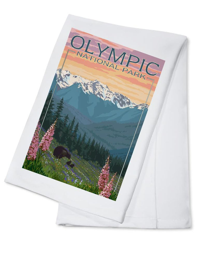 Olympic National Park, Washington, Bears & Spring Flowers, Lantern Press Artwork, Towels and Aprons Kitchen Lantern Press Cotton Towel 