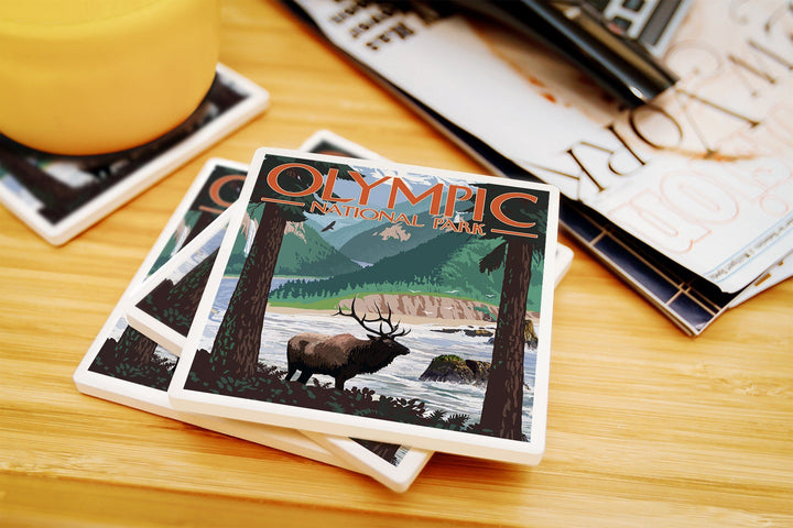 Olympic National Park, Washington, Grand Valley, Elk, Lantern Press Artwork, Coaster Set Coasters Lantern Press 