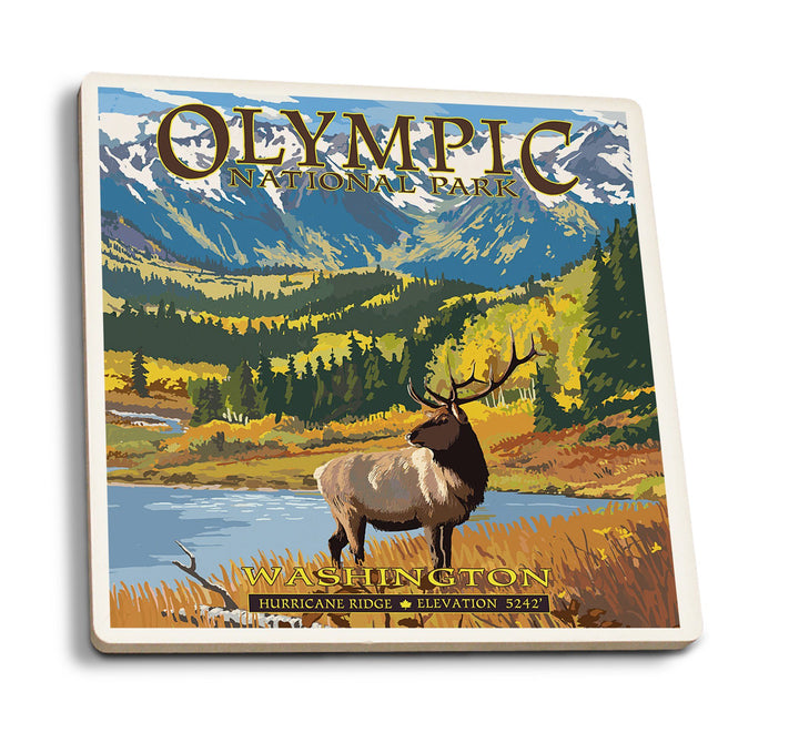 Olympic National Park, Washington, Hurricane Ridge and Elk, Lantern Press Artwork, Coaster Set Coasters Lantern Press 