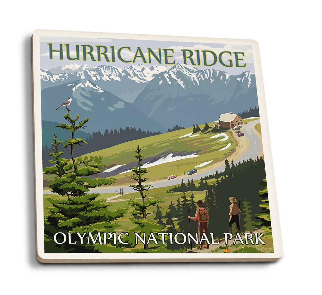 Olympic National Park, Washington, Hurricane Ridge and Hikers, Lantern Press Artwork, Coaster Set Coasters Lantern Press 