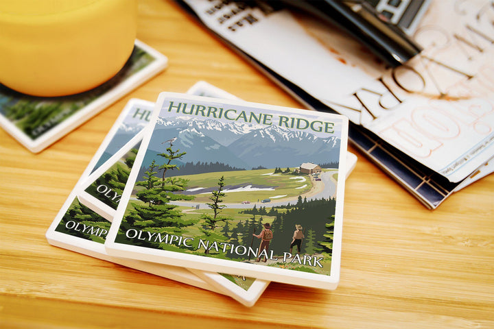 Olympic National Park, Washington, Hurricane Ridge and Hikers, Lantern Press Artwork, Coaster Set Coasters Lantern Press 