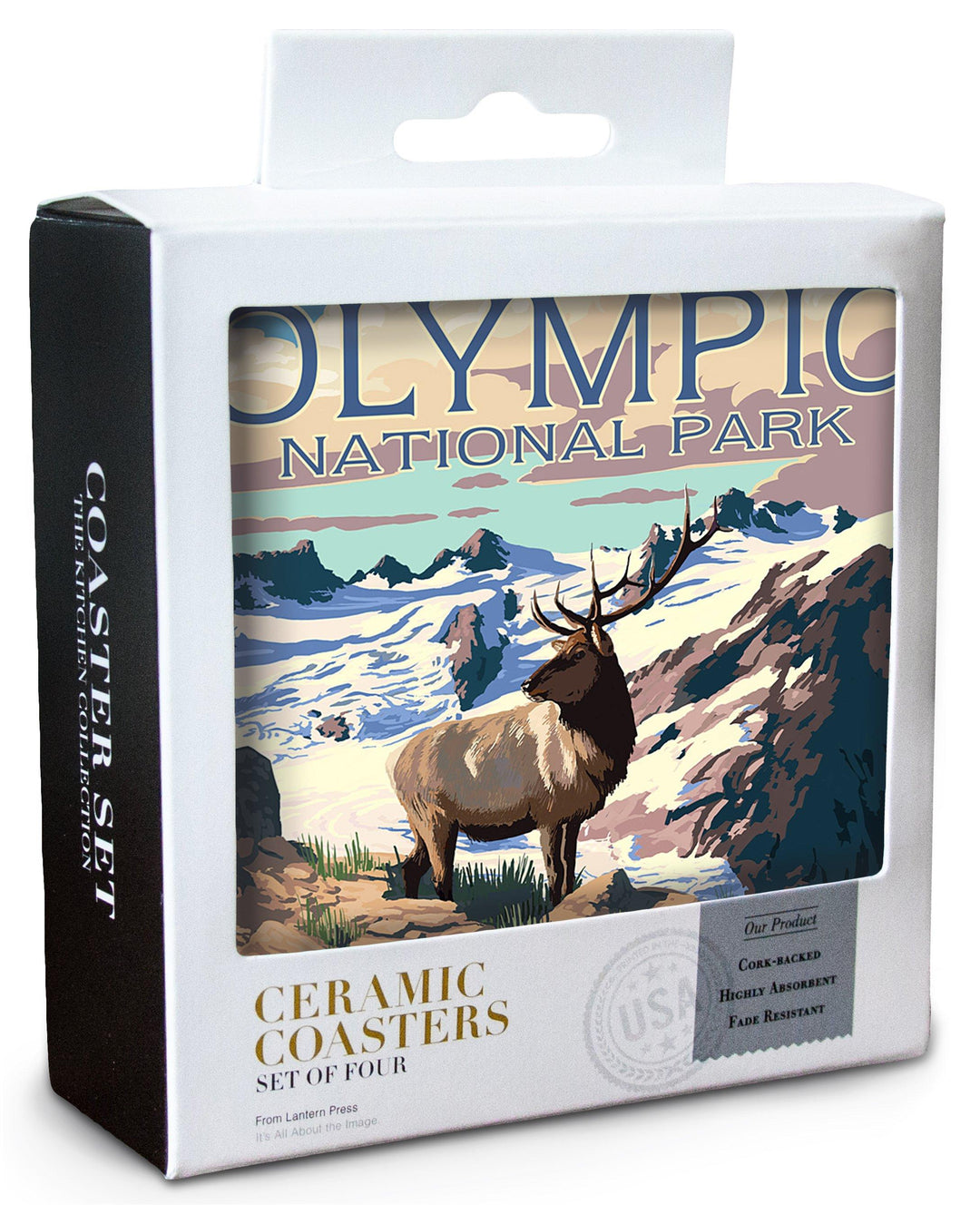 Olympic National Park, Washington, Mt. Olympus & Elk, Lantern Press Artwork, Coaster Set Coasters Lantern Press 