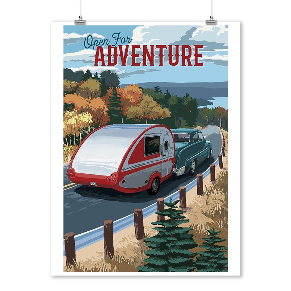 Open for Adventure, Retro Camper on Road, Painterly, Art Prints and Metal Signs Art Lantern Press 12 x 18 Art Print 