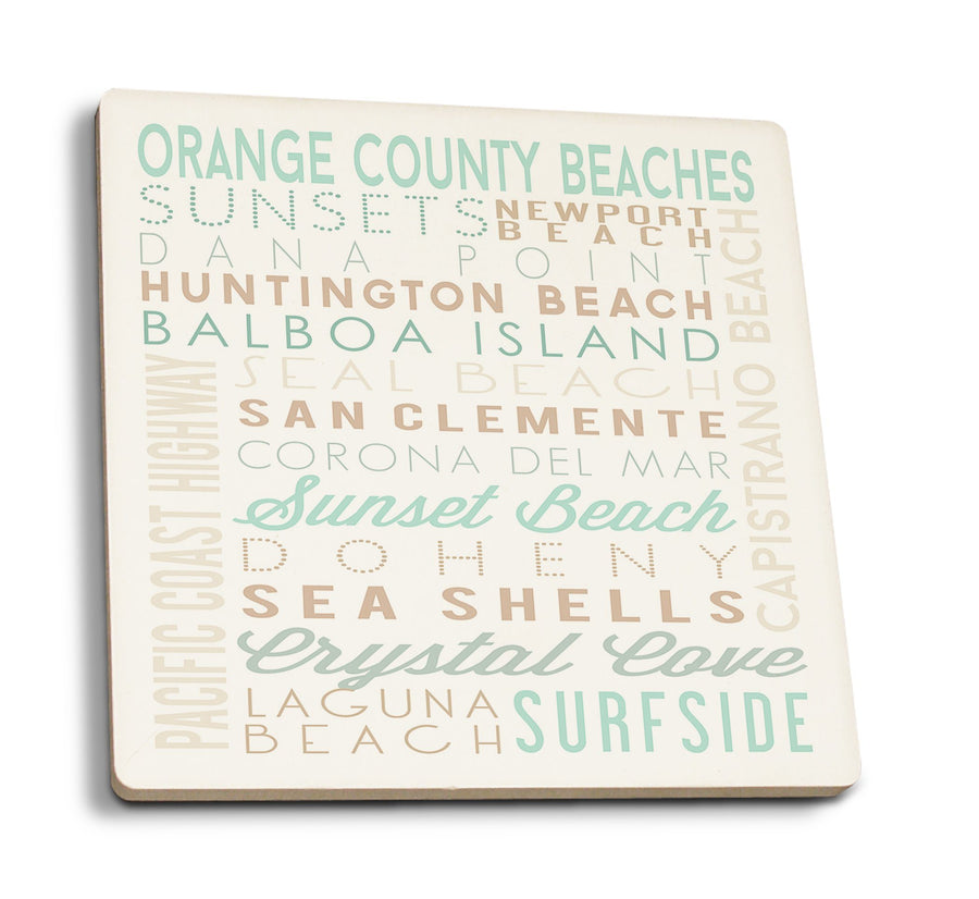 Orange County Beaches, California, Typography, Lantern Press Artwork, Coaster Set Coasters Lantern Press 