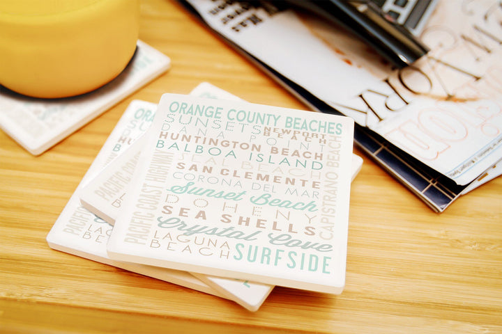 Orange County Beaches, California, Typography, Lantern Press Artwork, Coaster Set Coasters Lantern Press 