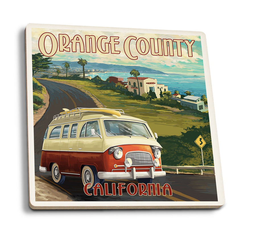 Orange County, California, Camper Van, Lantern Press Artwork, Coaster Set Coasters Lantern Press 