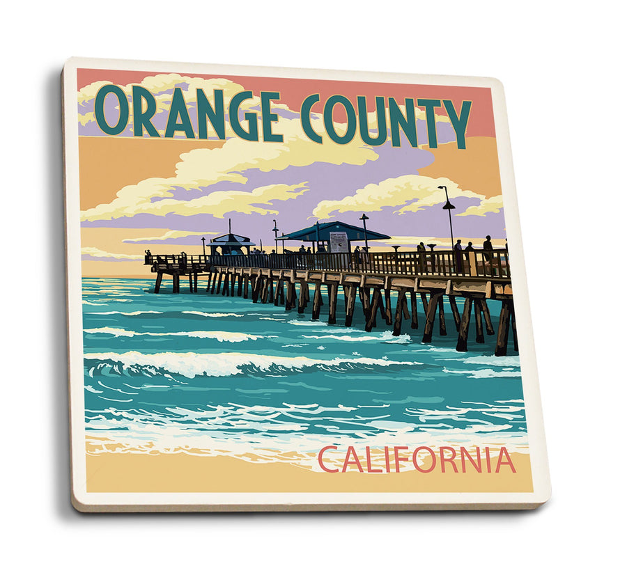 Orange County, California, Pier and Sunset, Lantern Press Artwork, Coaster Set Coasters Lantern Press 