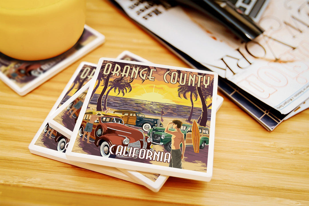 Orange County, California, Woodies & Sunset, Lantern Press Artwork, Coaster Set Coasters Lantern Press 