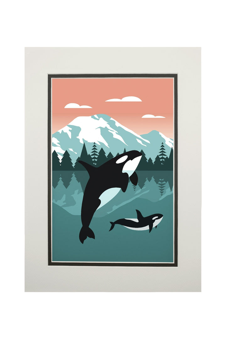 Orca Whale & Calf, Go Freestyle, Lantern Press Artwork, Art Prints and Metal Signs Art Lantern Press 11 x 14 Matted Art Print 