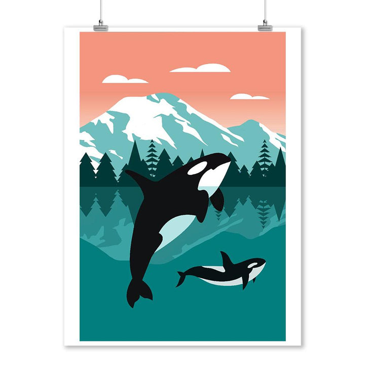 Orca Whale & Calf, Go Freestyle, Lantern Press Artwork, Art Prints and Metal Signs Art Lantern Press 12 x 18 Art Print 