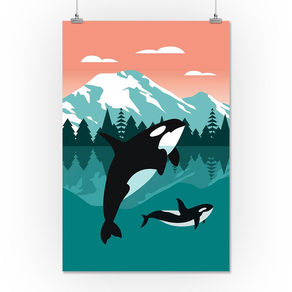 Orca Whale & Calf, Go Freestyle, Lantern Press Artwork, Art Prints and Metal Signs Art Lantern Press 16 x 24 Giclee Print 