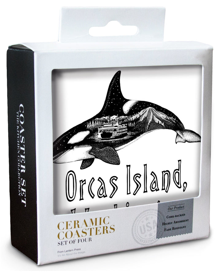 Orcas Island, Washington, Orca, Ferry & Mount Rainier, Double Exposure, Lantern Press Artwork, Coaster Set Coasters Lantern Press 