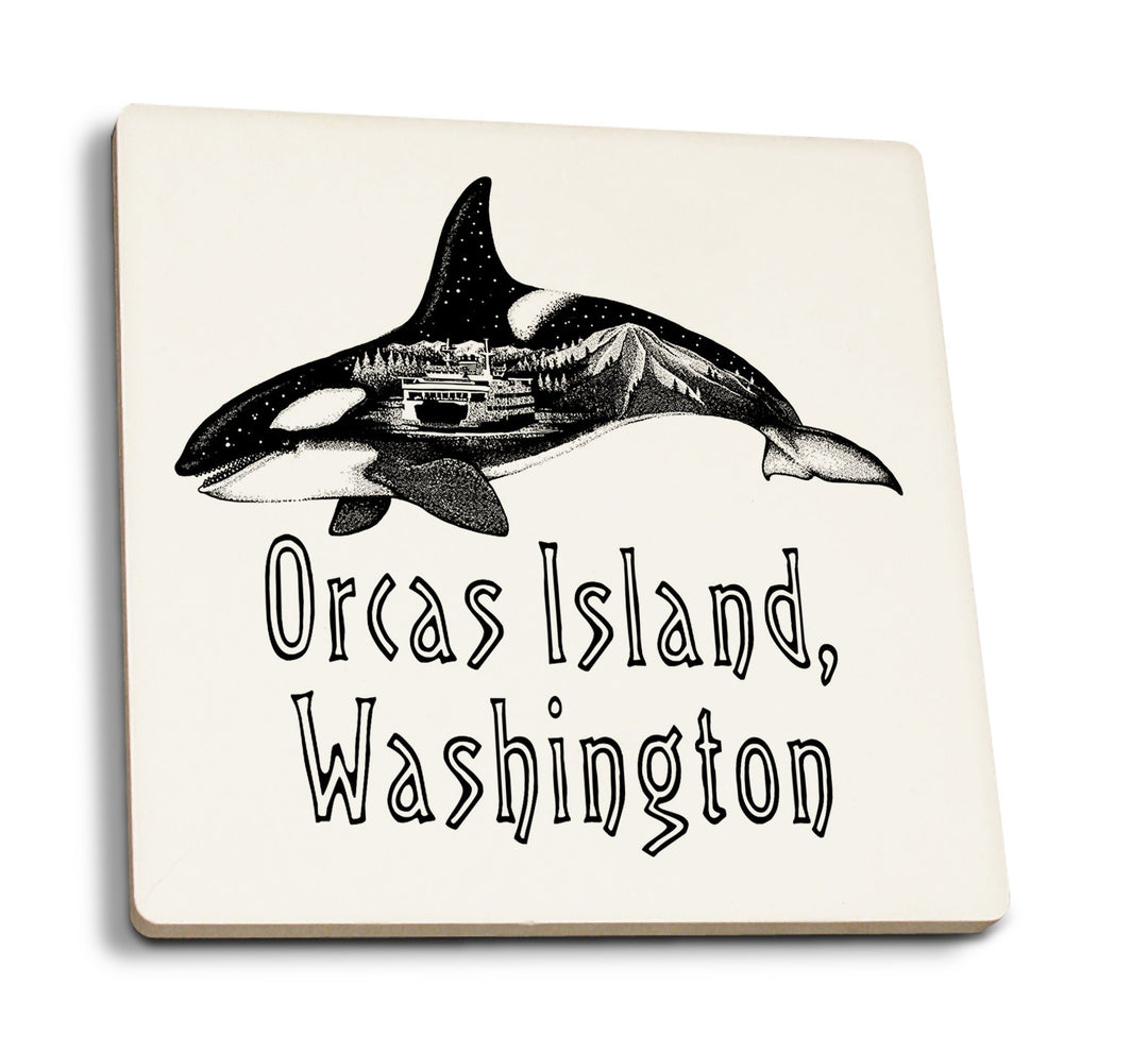 Orcas Island, Washington, Orca, Ferry & Mount Rainier, Double Exposure, Lantern Press Artwork, Coaster Set Coasters Lantern Press 