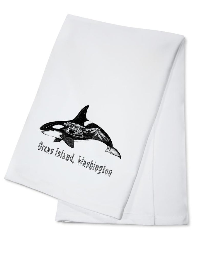 Orcas Island, Washington, Orca, Ferry & Mount Rainier, Double Exposure, Lantern Press Artwork, Towels and Aprons Kitchen Lantern Press Cotton Towel 