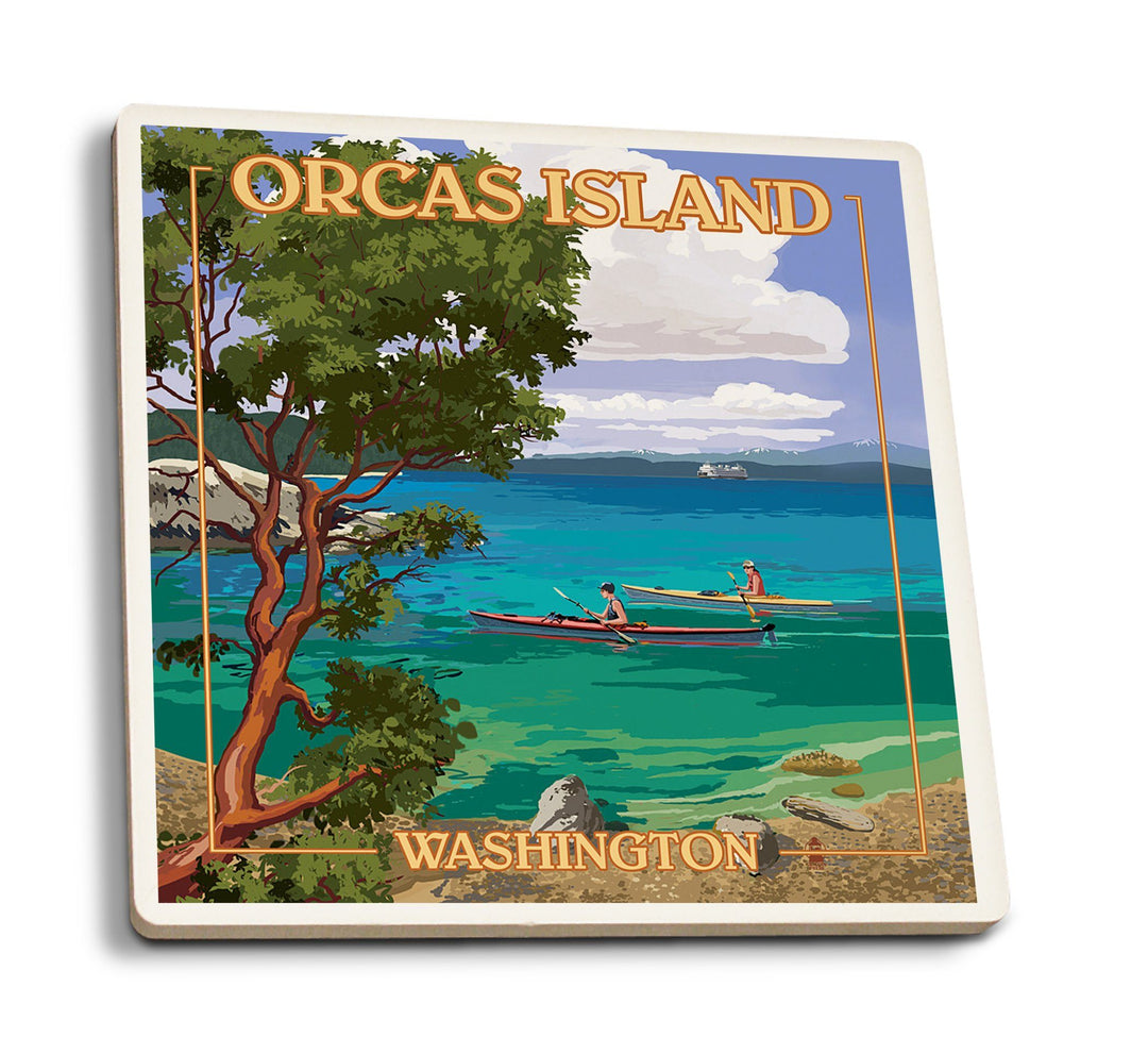 Orcas Island, Washington, San Juan Islands, Kayakers, Lantern Press Artwork, Coaster Set Coasters Lantern Press 
