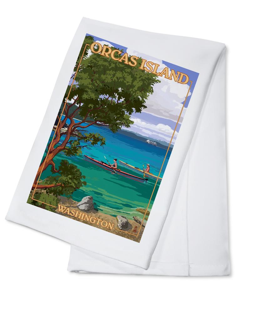 Orcas Island, Washington, San Juan Islands, Kayakers, Lantern Press Artwork, Towels and Aprons Kitchen Lantern Press Cotton Towel 