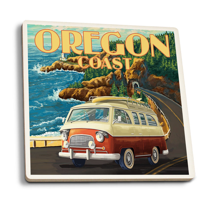 Oregon Coast, Camper Van, Lantern Press Artwork, Coaster Set Coasters Lantern Press 