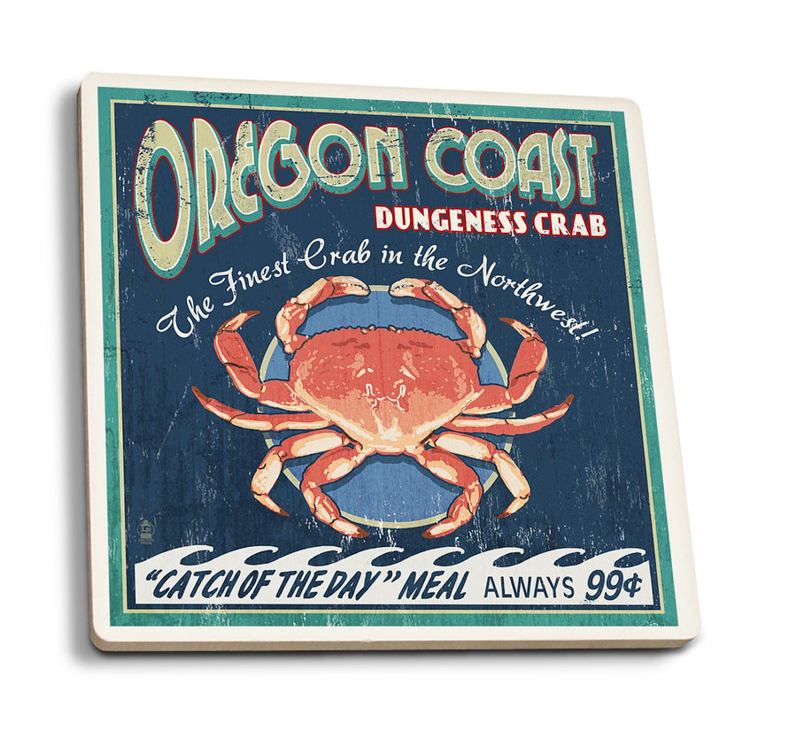 Oregon Coast, Dungeness Crab Vintage Sign, Lantern Press Artwork, Coaster Set Coasters Lantern Press 