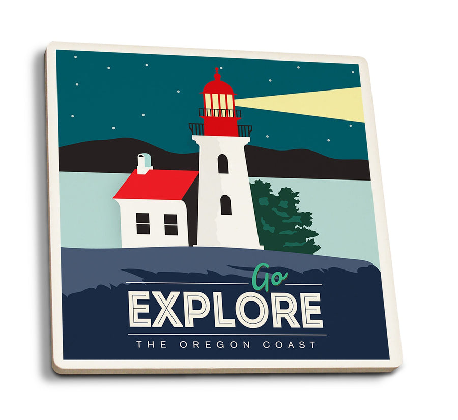 Oregon Coast, Go Explore (Lighthouse), Lantern Press Artwork, Coaster Set Coasters Lantern Press 