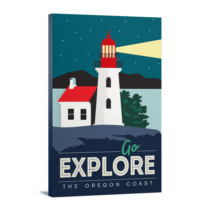 Oregon Coast, Go Explore (Lighthouse), Lantern Press Artwork, Stretched Canvas Canvas Lantern Press 12x18 Stretched Canvas 