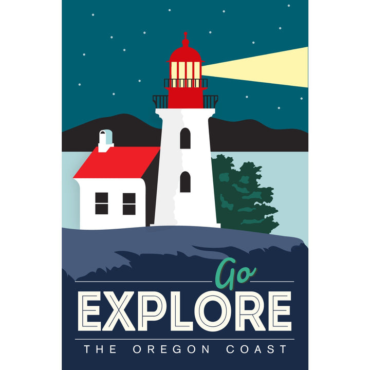 Oregon Coast, Go Explore (Lighthouse), Lantern Press Artwork, Stretched Canvas Canvas Lantern Press 