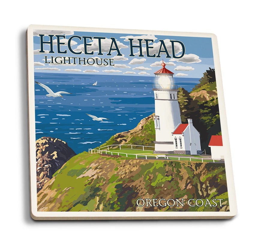 Oregon Coast, Heceta Head Lighthouse, Lantern Press Artwork, Coaster Set Coasters Lantern Press 
