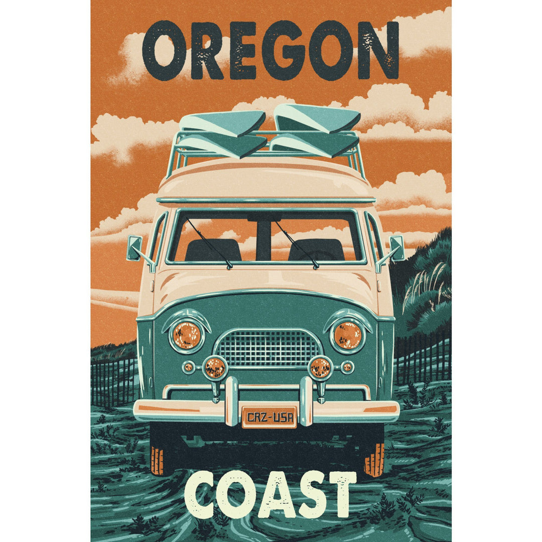 Oregon Coast, Letterpress, Camper Van, Lantern Press Artwork, Stretched Canvas Canvas Lantern Press 