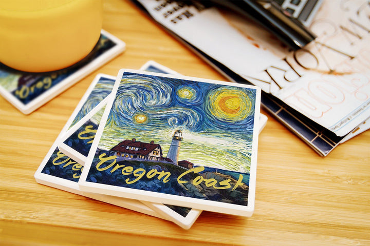 Oregon Coast, Lighthouse, Starry Night, Lantern Press Artwork, Coaster Set Coasters Lantern Press 