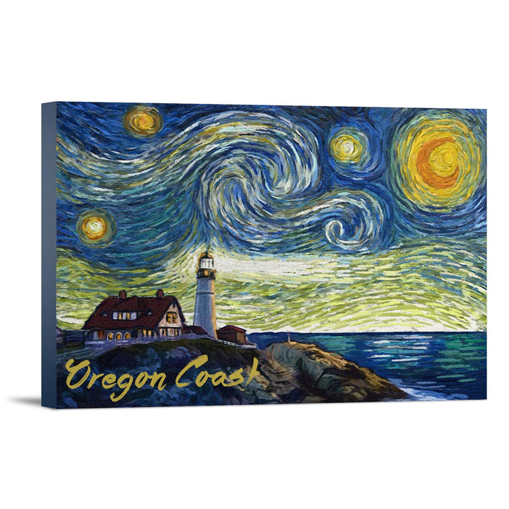 Oregon Coast, Lighthouse, Starry Night, Lantern Press Artwork, Stretched Canvas Canvas Lantern Press 