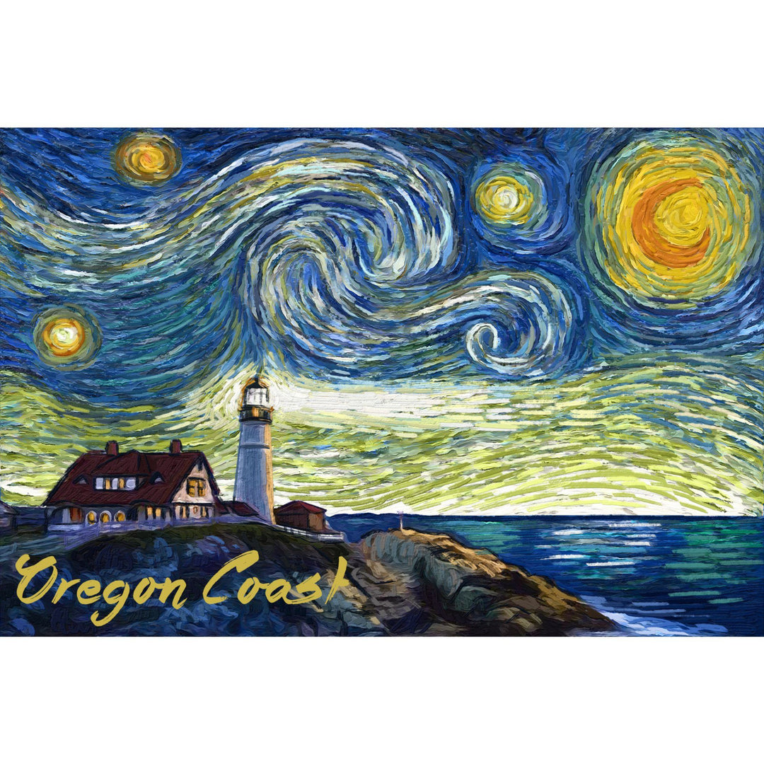 Oregon Coast, Lighthouse, Starry Night, Lantern Press Artwork, Stretched Canvas Canvas Lantern Press 
