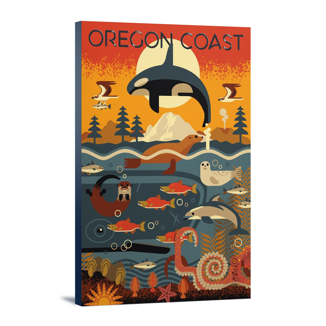Oregon Coast, Oregon, Marine Animals, Geometric, Lantern Press Artwork, Stretched Canvas Canvas Lantern Press 12x18 Stretched Canvas 