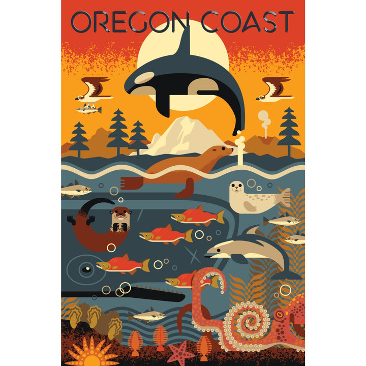 Oregon Coast, Oregon, Marine Animals, Geometric, Lantern Press Artwork, Stretched Canvas Canvas Lantern Press 