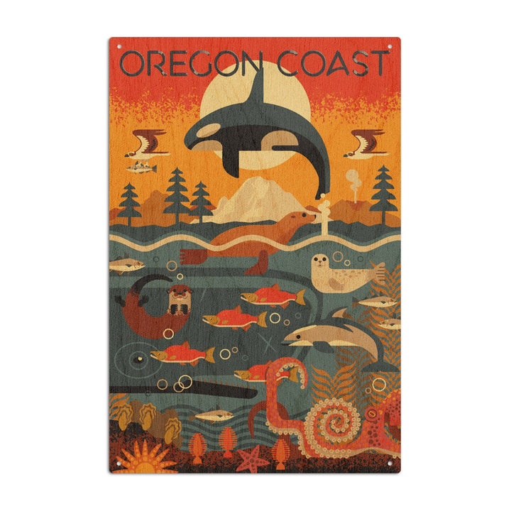 Oregon Coast, Oregon, Marine Animals, Geometric, Lantern Press Artwork, Wood Signs and Postcards Wood Lantern Press 10 x 15 Wood Sign 